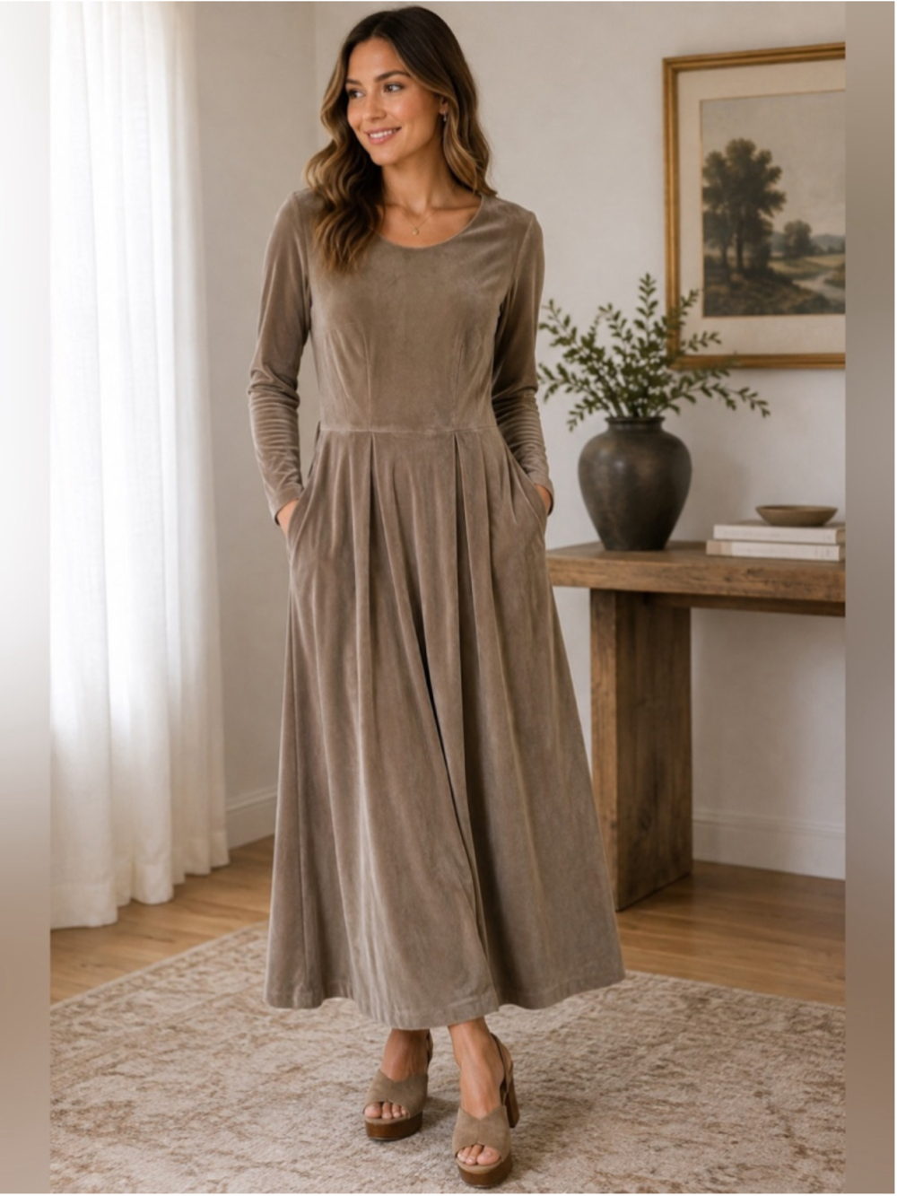 Vintage Moi Angel Long Sleeve Taupe Velour Maxi Dress Size L 80s 90s Retro